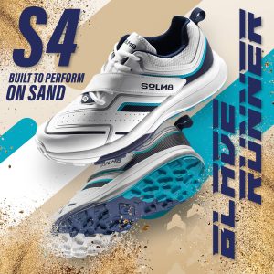 White and blue SOLM8 S4 athletic shoes, with graphic elements suggesting performance on sand.